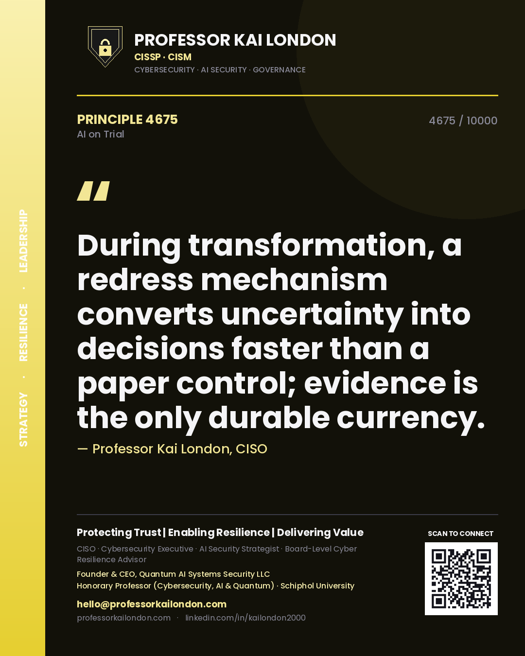 Professor Kai London principle 4675: During transformation, a redress mechanism converts uncertainty into decisions faster than a paper control; evidence is the only durable currency.