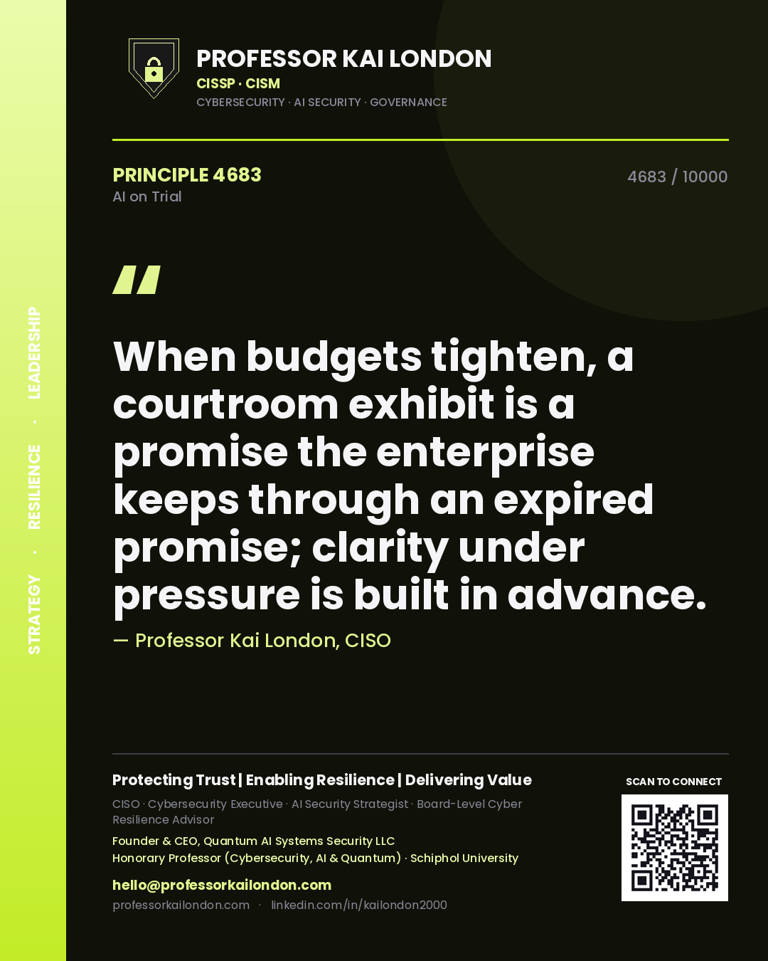 Professor Kai London principle 4683: When budgets tighten, a courtroom exhibit is a promise the enterprise keeps through an expired promise; clarity under pressure is built in advance.