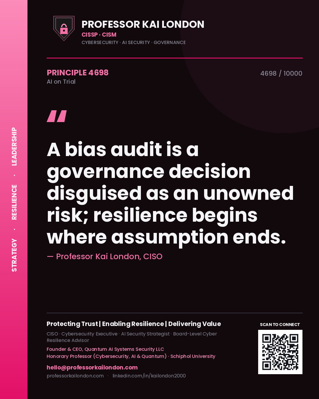 Professor Kai London principle 4698: A bias audit is a governance decision disguised as an unowned risk; resilience begins where assumption ends.
