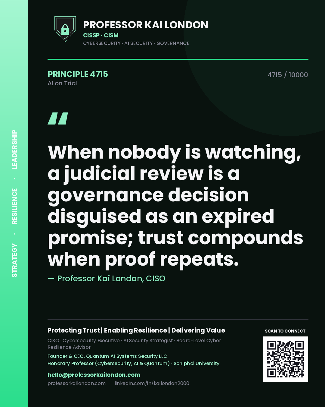 Professor Kai London principle 4715: When nobody is watching, a judicial review is a governance decision disguised as an expired promise; trust compounds when proof repeats.