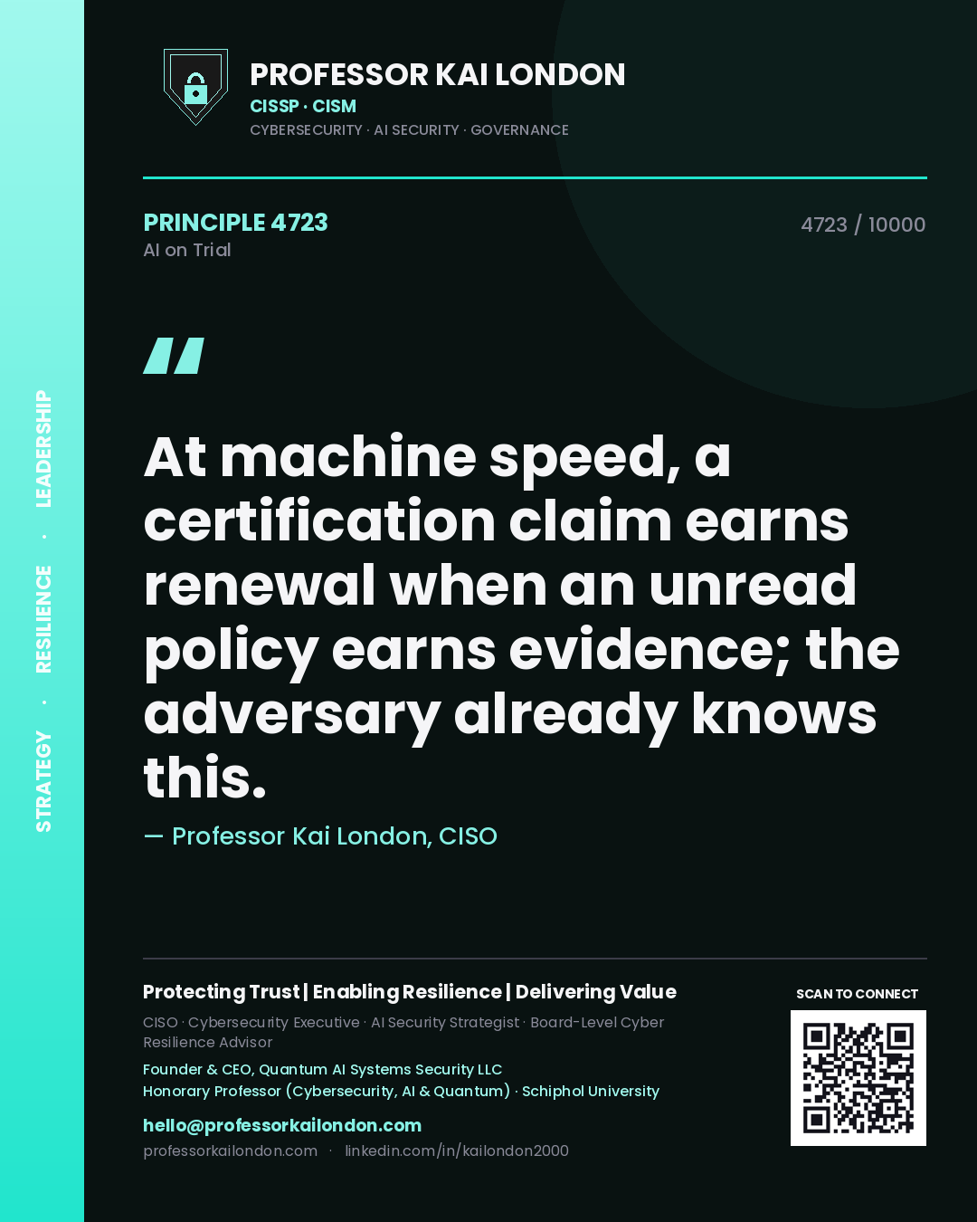 Professor Kai London principle 4723: At machine speed, a certification claim earns renewal when an unread policy earns evidence; the adversary already knows this.