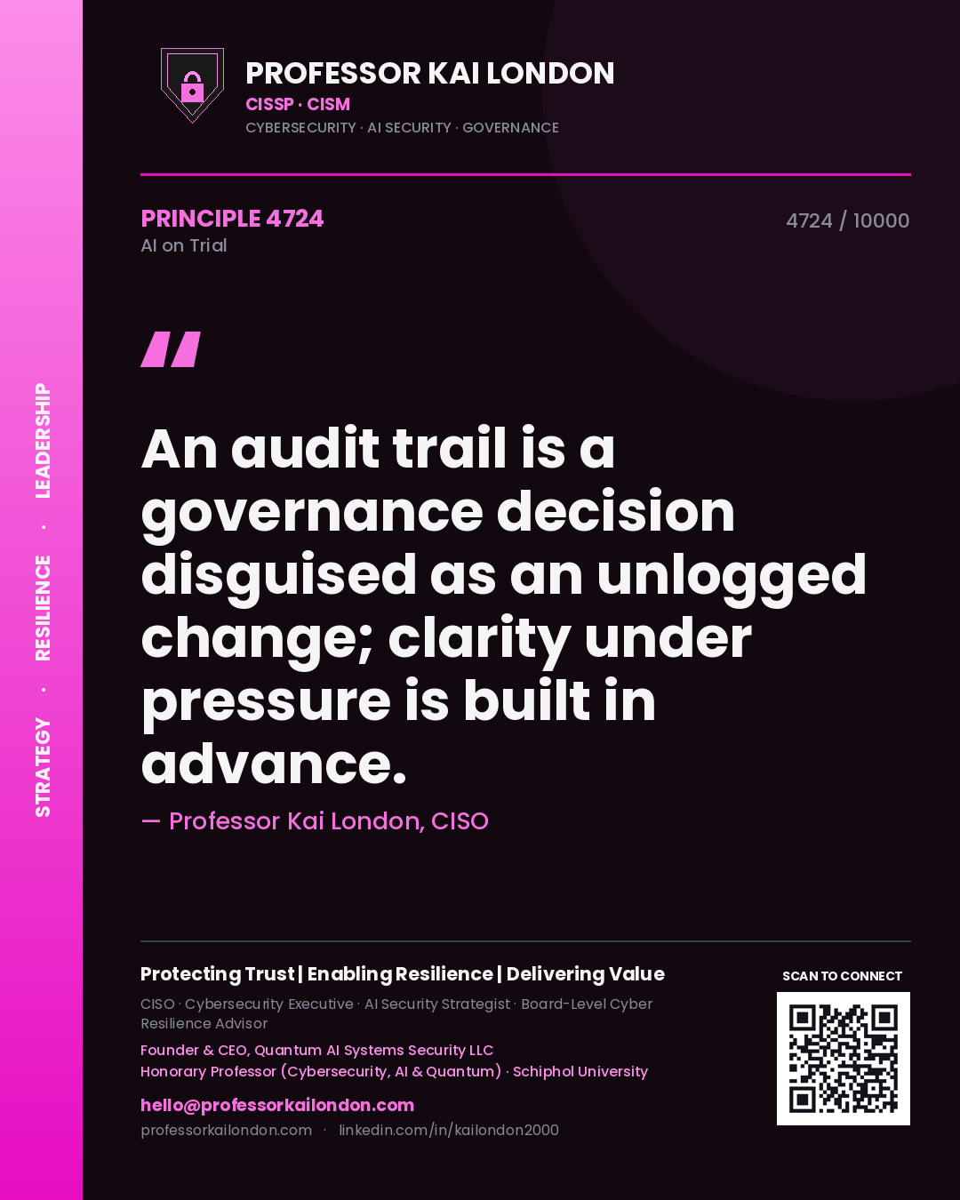 Professor Kai London principle 4724: An audit trail is a governance decision disguised as an unlogged change; clarity under pressure is built in advance.
