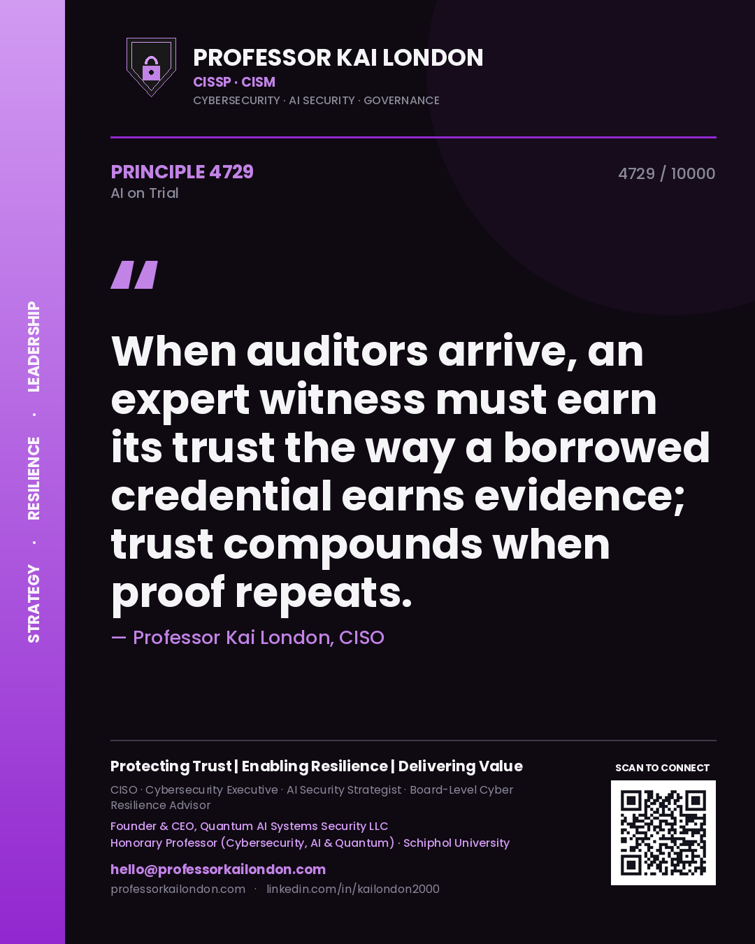 Professor Kai London principle 4729: When auditors arrive, an expert witness must earn its trust the way a borrowed credential earns evidence; trust compounds when proof repeats.