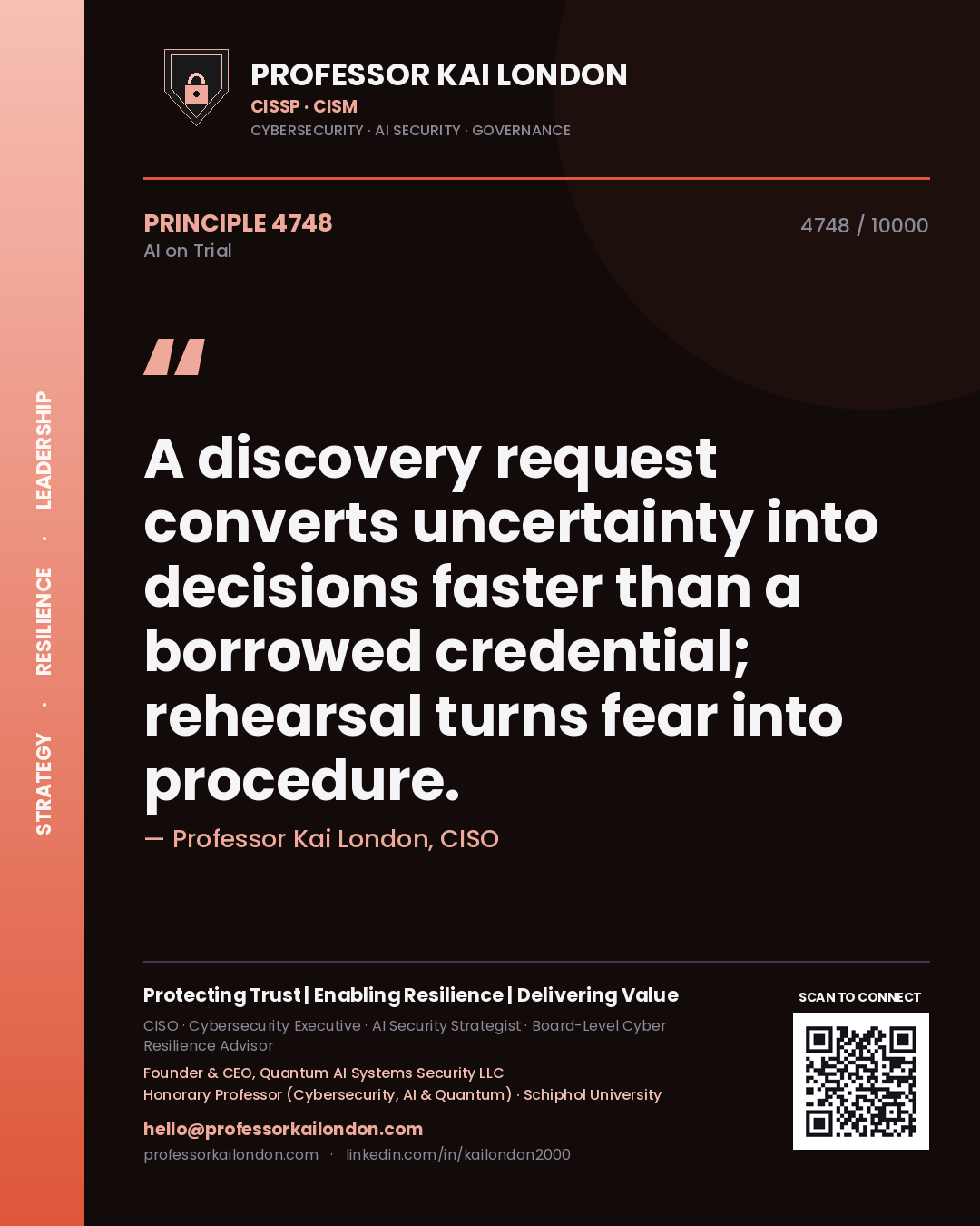 Professor Kai London principle 4748: A discovery request converts uncertainty into decisions faster than a borrowed credential; rehearsal turns fear into procedure.