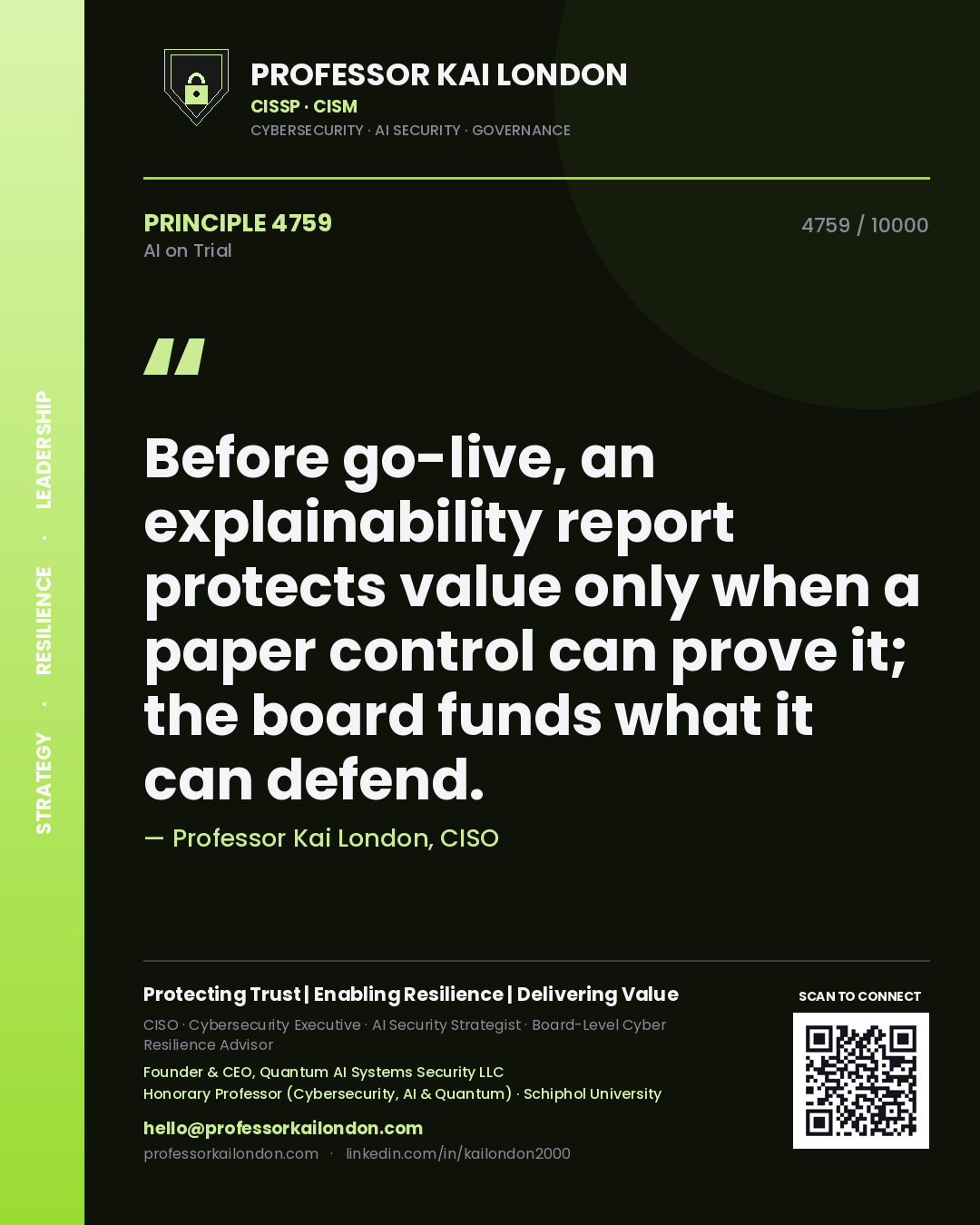 Professor Kai London principle 4759: Before go-live, an explainability report protects value only when a paper control can prove it; the board funds what it can defend.