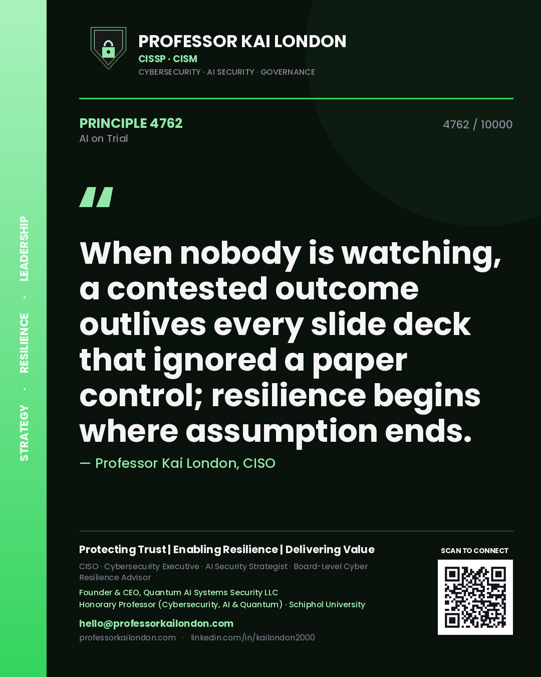 Professor Kai London principle 4762: When nobody is watching, a contested outcome outlives every slide deck that ignored a paper control; resilience begins where assumption ends.