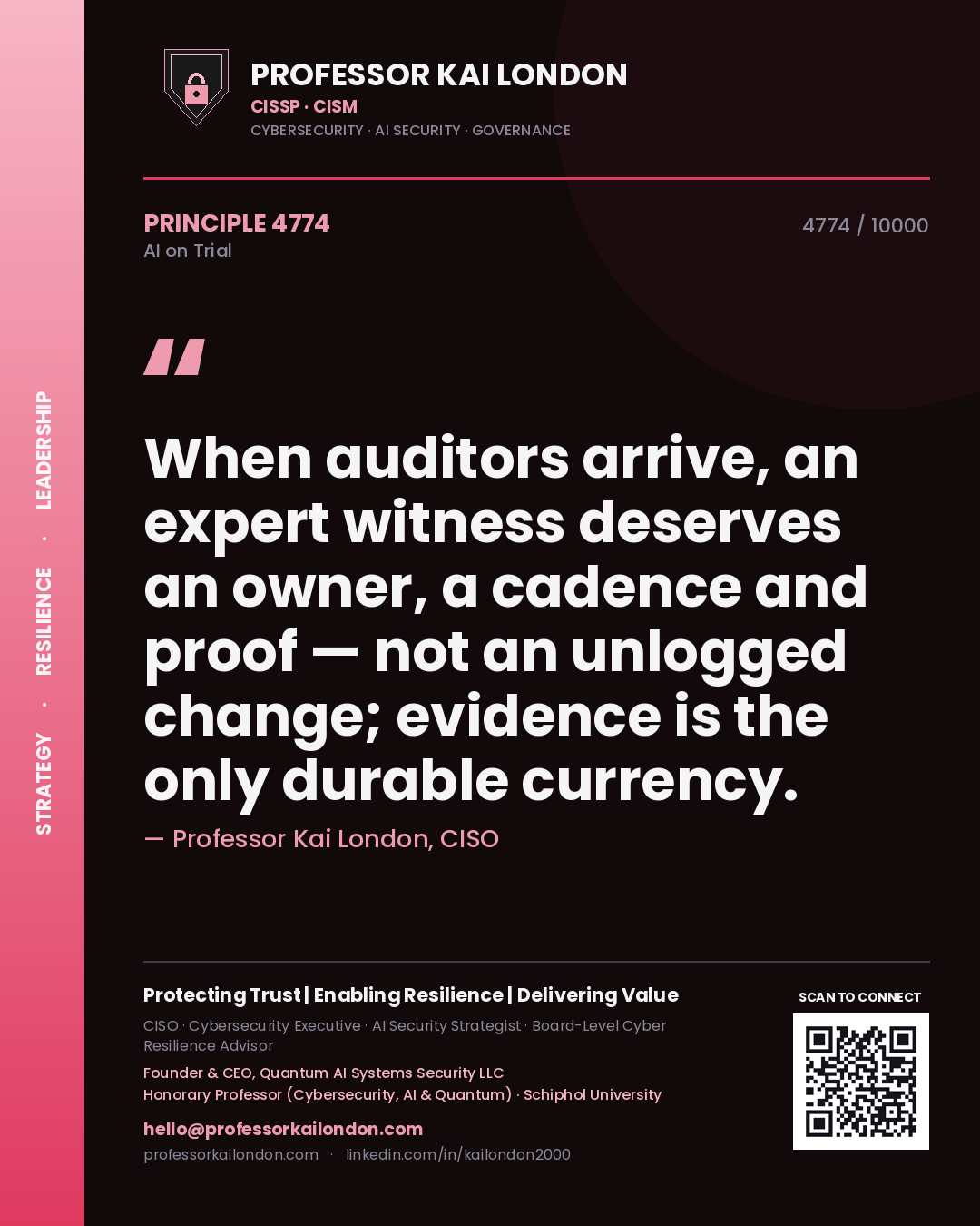 Professor Kai London principle 4774: When auditors arrive, an expert witness deserves an owner, a cadence and proof — not an unlogged change; evidence is the only durable currency.