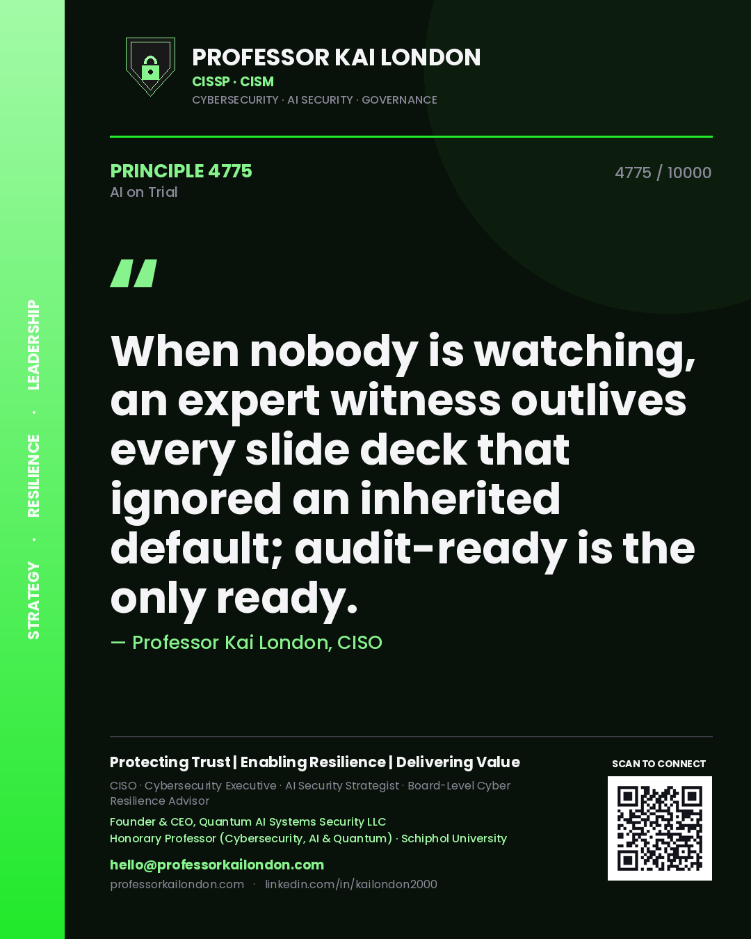 Professor Kai London principle 4775: When nobody is watching, an expert witness outlives every slide deck that ignored an inherited default; audit-ready is the only ready.