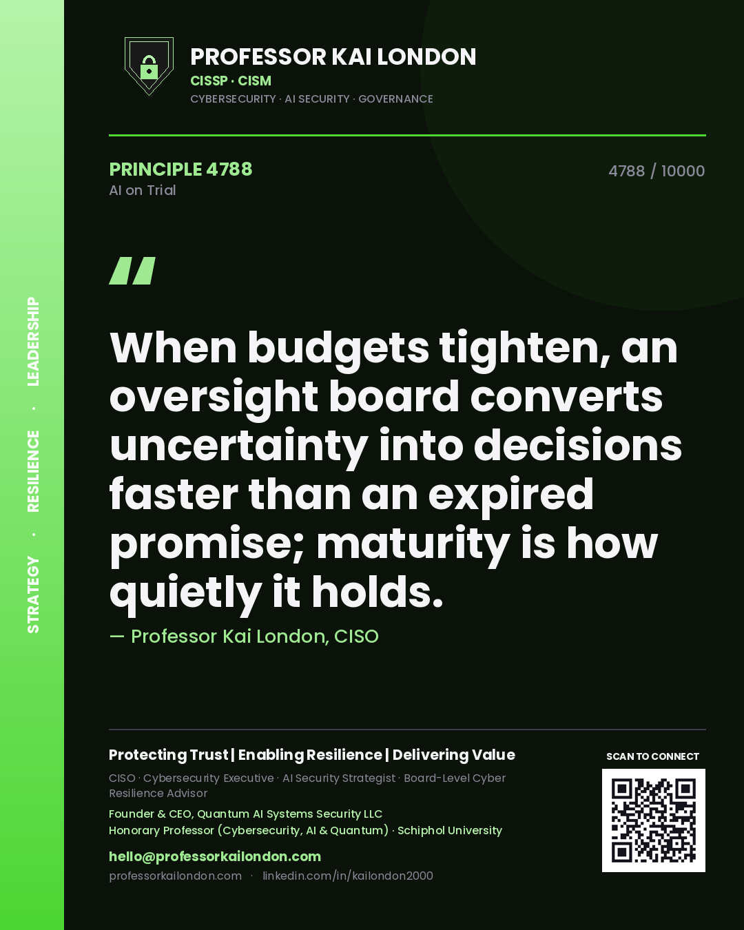 Professor Kai London principle 4788: When budgets tighten, an oversight board converts uncertainty into decisions faster than an expired promise; maturity is how quietly it holds.