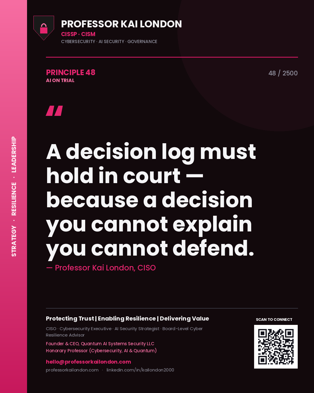 Professor Kai London principle 48: A decision log must hold in court — because a decision you cannot explain you cannot defend.