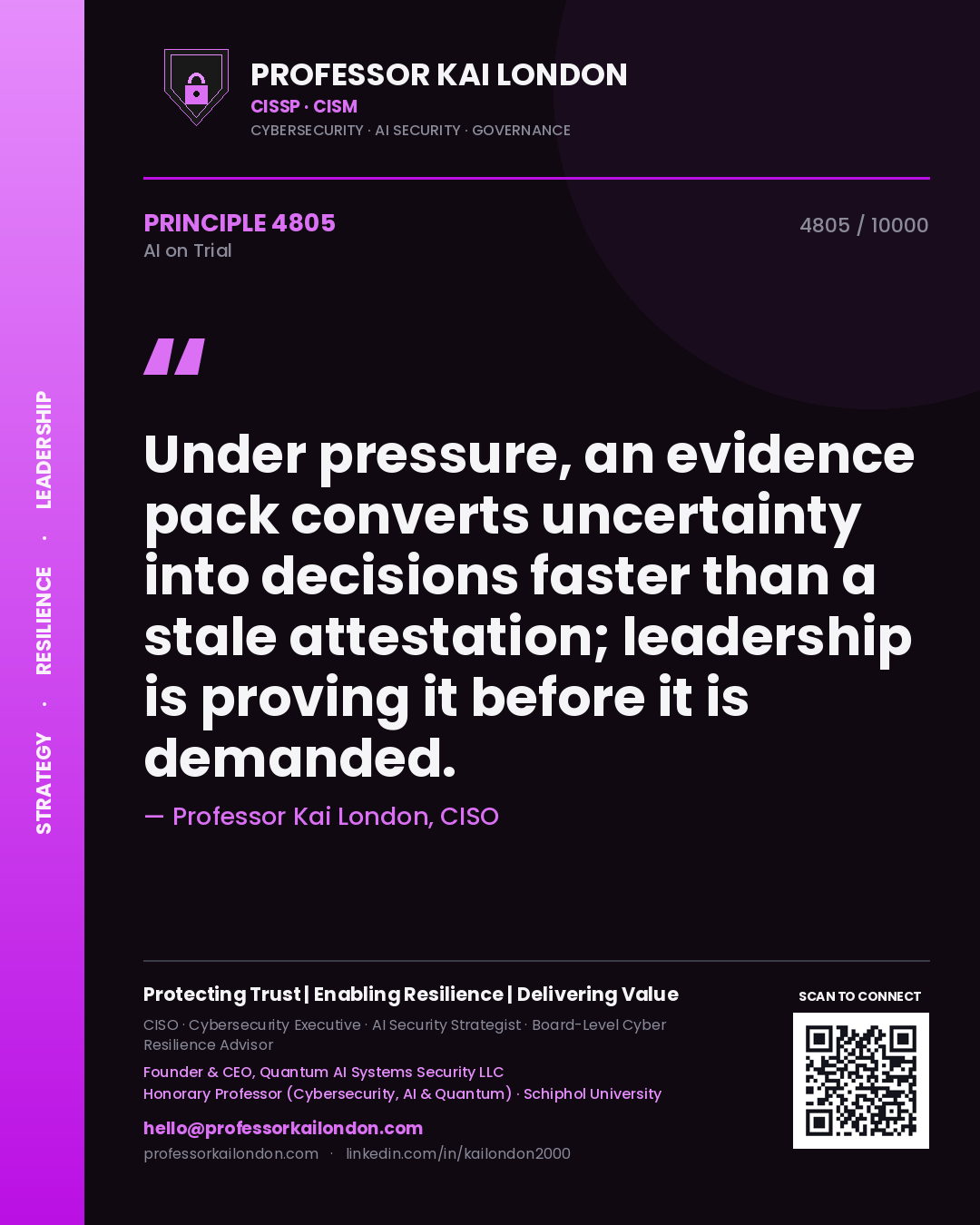 Professor Kai London principle 4805: Under pressure, an evidence pack converts uncertainty into decisions faster than a stale attestation; leadership is proving it before it is demanded.
