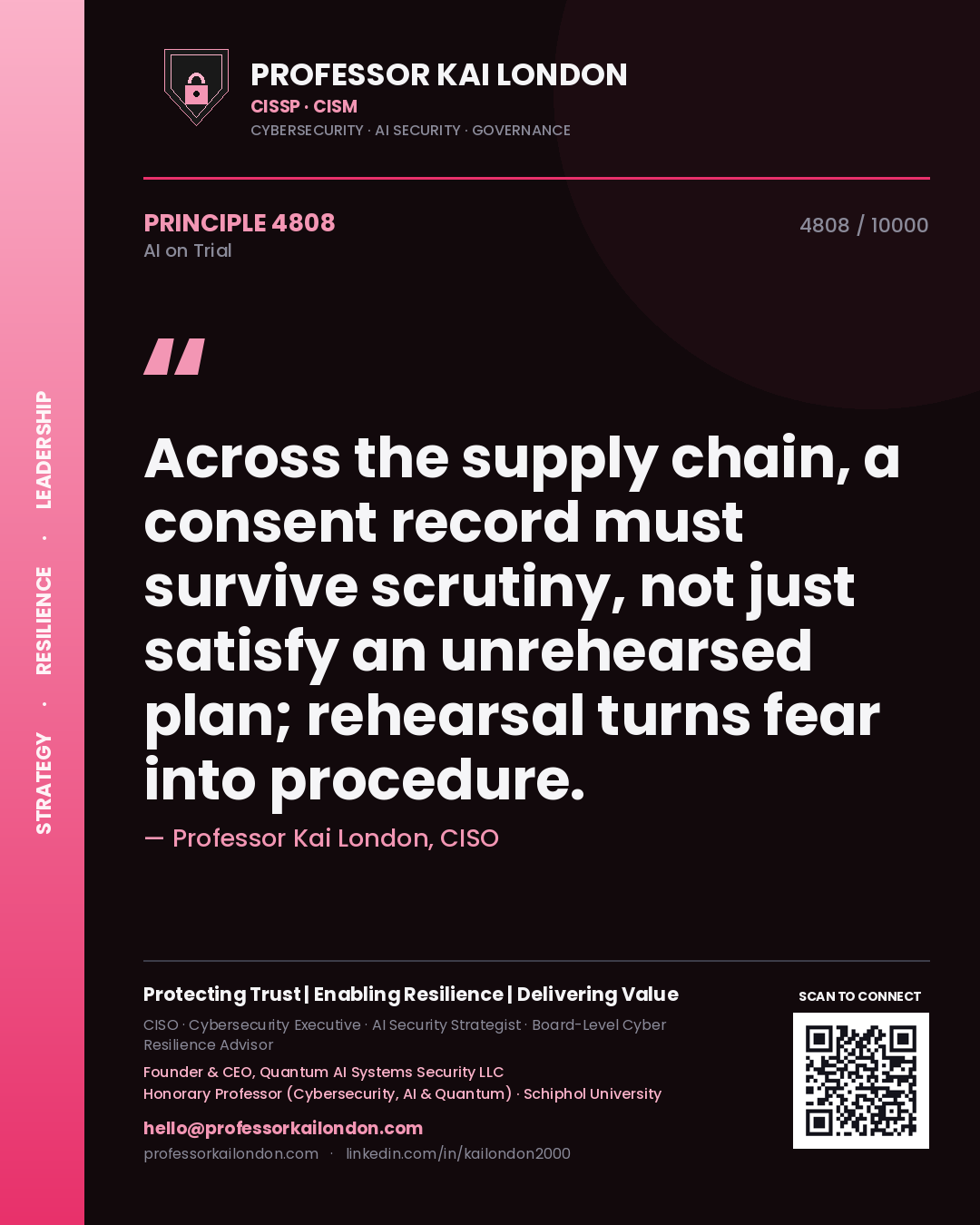 Professor Kai London principle 4808: Across the supply chain, a consent record must survive scrutiny, not just satisfy an unrehearsed plan; rehearsal turns fear into procedure.