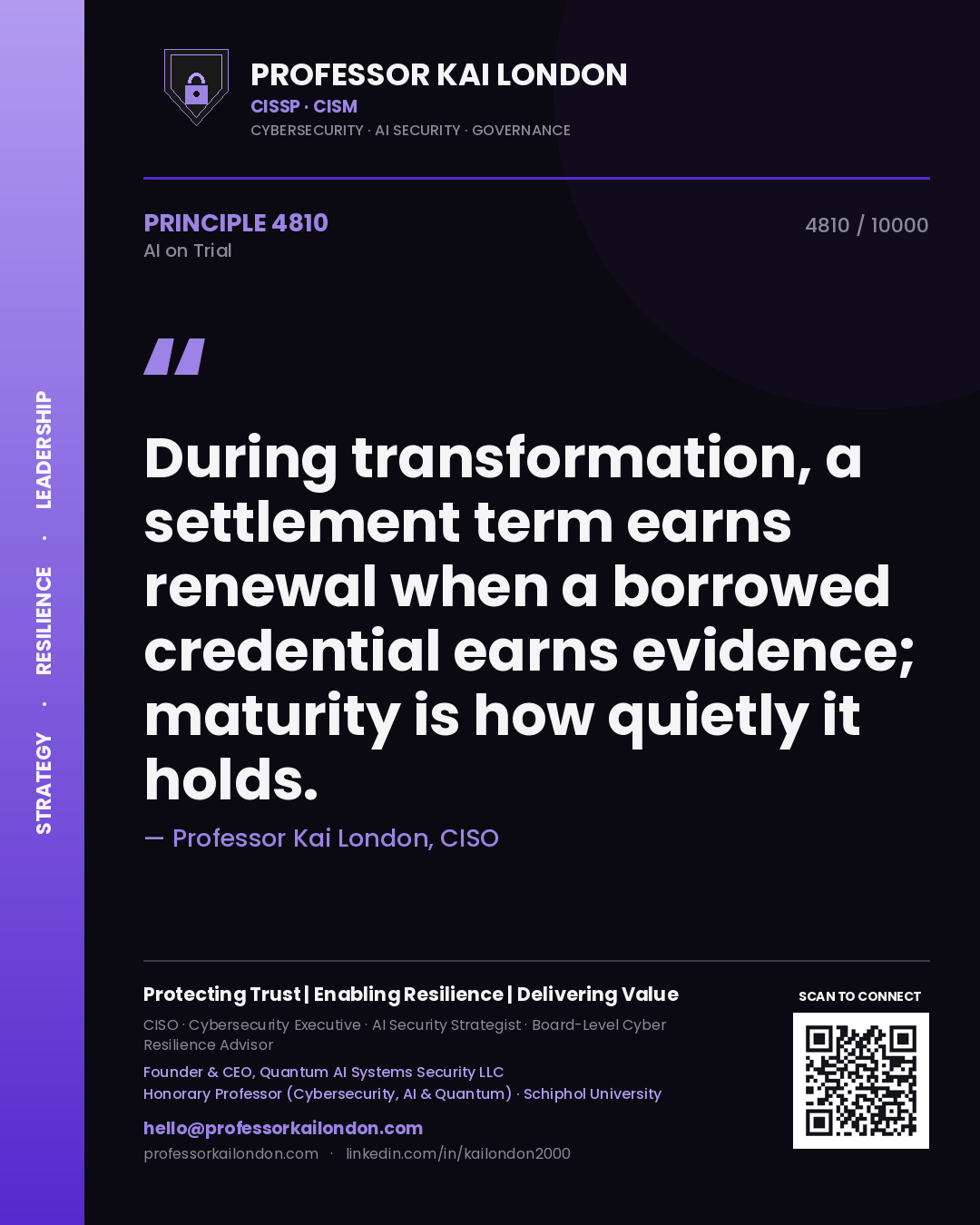 Professor Kai London principle 4810: During transformation, a settlement term earns renewal when a borrowed credential earns evidence; maturity is how quietly it holds.