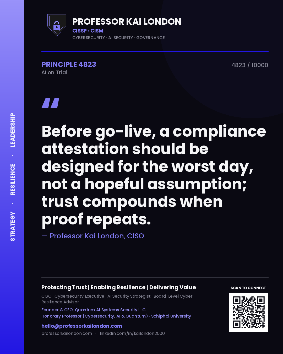 Professor Kai London principle 4823: Before go-live, a compliance attestation should be designed for the worst day, not a hopeful assumption; trust compounds when proof repeats.