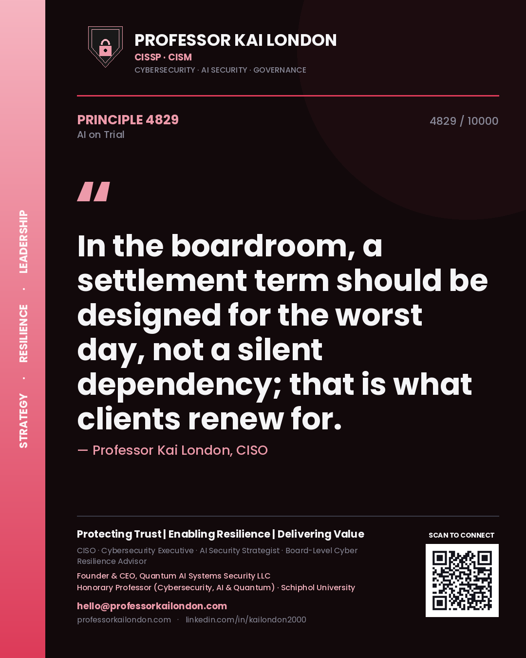Professor Kai London principle 4829: In the boardroom, a settlement term should be designed for the worst day, not a silent dependency; that is what clients renew for.