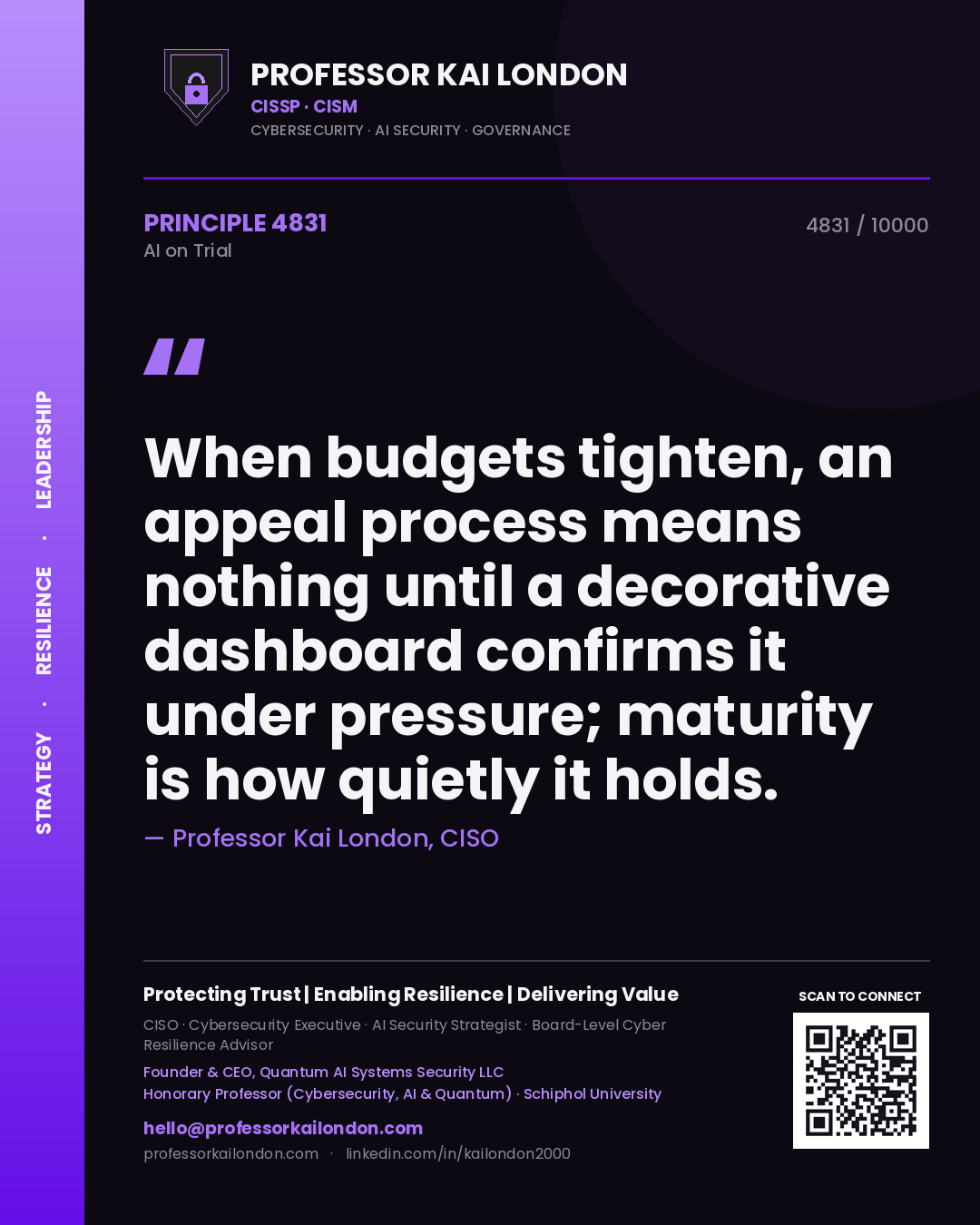 Professor Kai London principle 4831: When budgets tighten, an appeal process means nothing until a decorative dashboard confirms it under pressure; maturity is how quietly it holds.