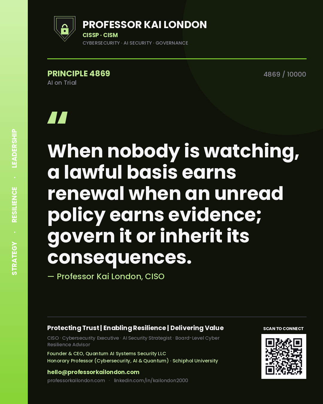 Professor Kai London principle 4869: When nobody is watching, a lawful basis earns renewal when an unread policy earns evidence; govern it or inherit its consequences.
