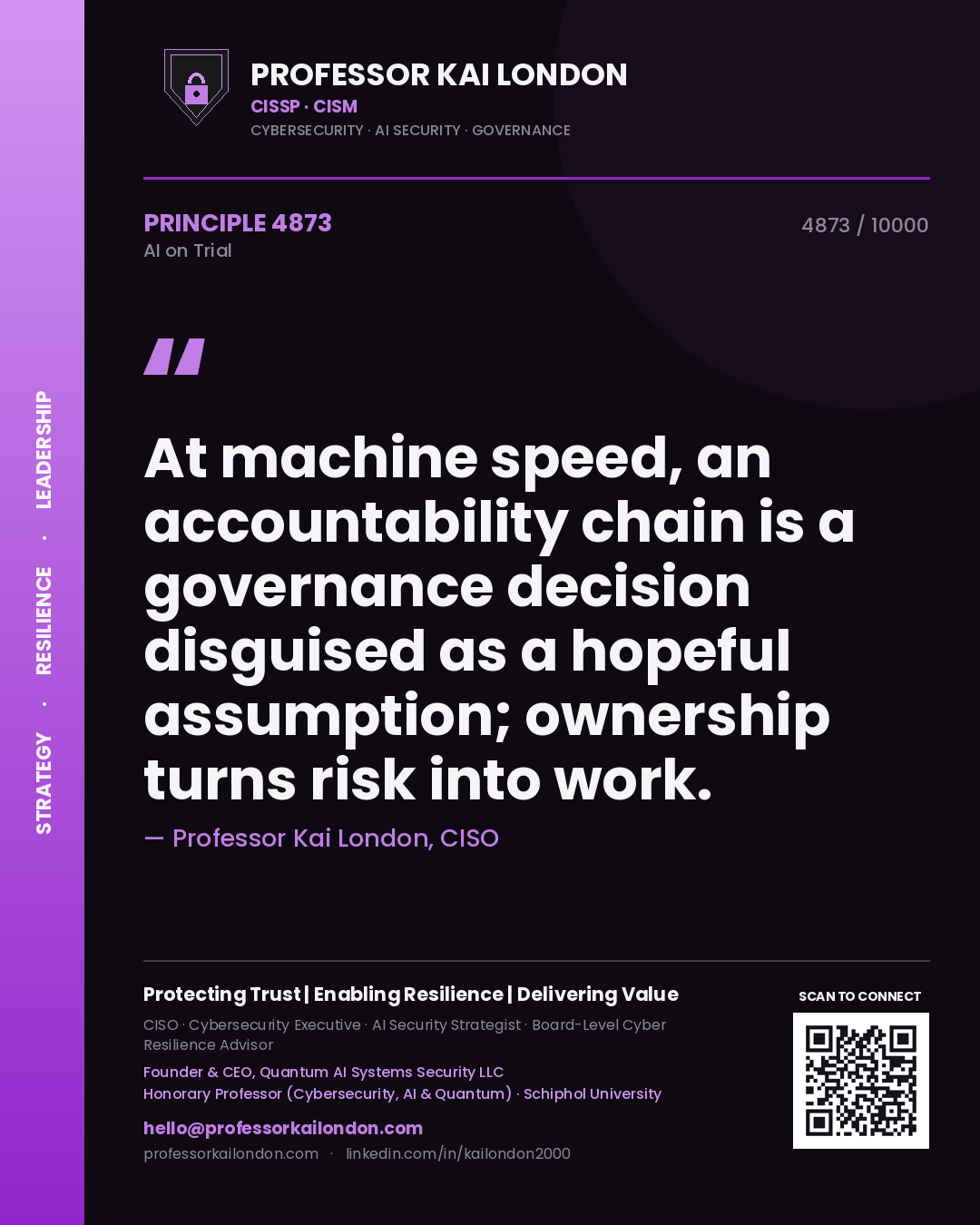 Professor Kai London principle 4873: At machine speed, an accountability chain is a governance decision disguised as a hopeful assumption; ownership turns risk into work.