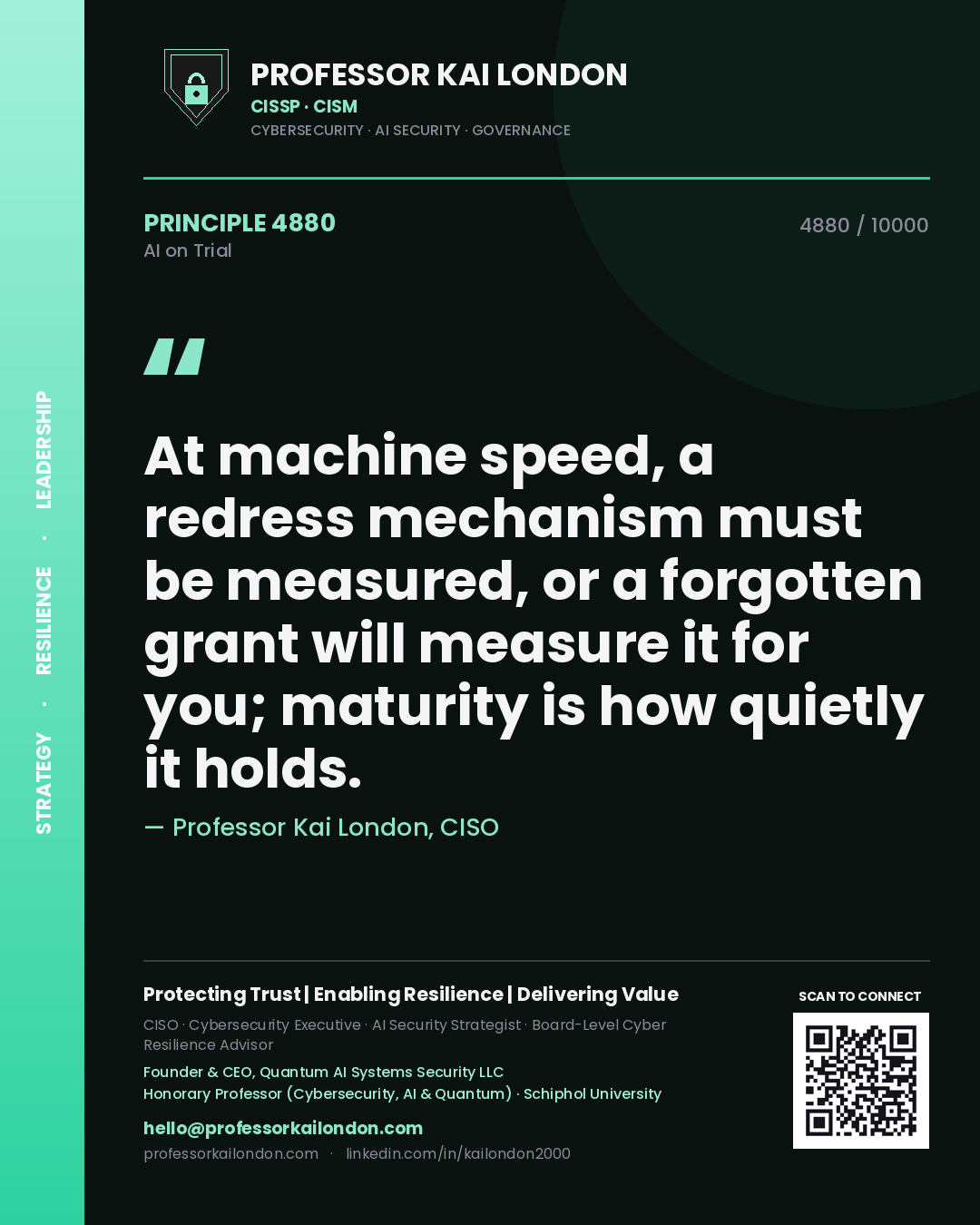 Professor Kai London principle 4880: At machine speed, a redress mechanism must be measured, or a forgotten grant will measure it for you; maturity is how quietly it holds.