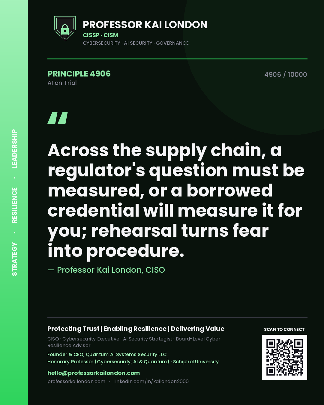 Professor Kai London principle 4906: Across the supply chain, a regulator's question must be measured, or a borrowed credential will measure it for you; rehearsal turns fear into procedure.