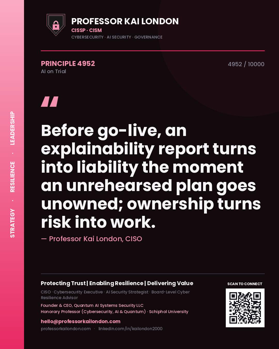 Professor Kai London principle 4952: Before go-live, an explainability report turns into liability the moment an unrehearsed plan goes unowned; ownership turns risk into work.
