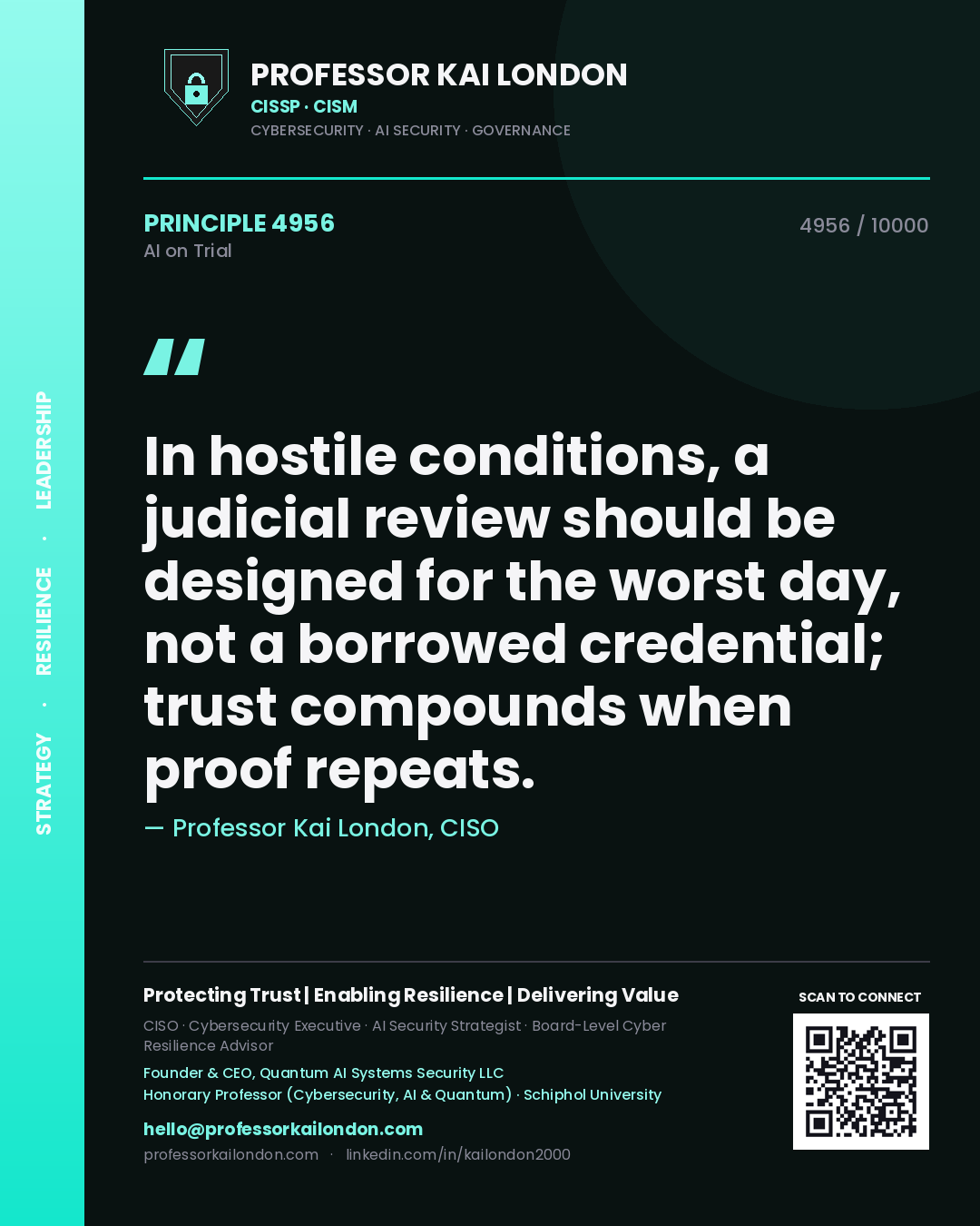 Professor Kai London principle 4956: In hostile conditions, a judicial review should be designed for the worst day, not a borrowed credential; trust compounds when proof repeats.