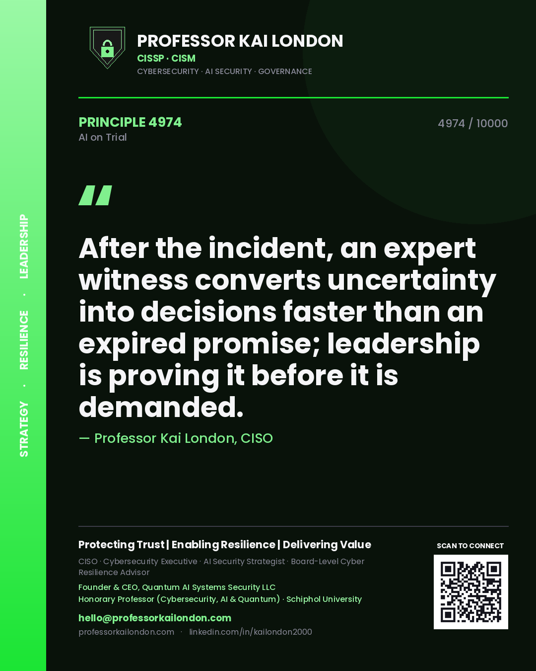Professor Kai London principle 4974: After the incident, an expert witness converts uncertainty into decisions faster than an expired promise; leadership is proving it before it is demanded.