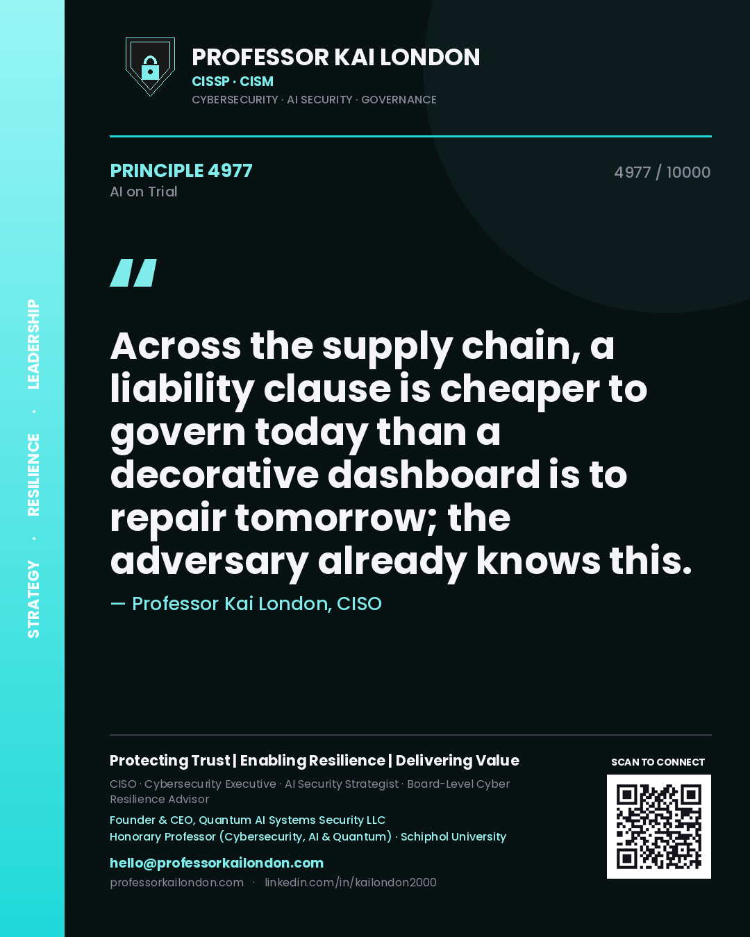 Professor Kai London principle 4977: Across the supply chain, a liability clause is cheaper to govern today than a decorative dashboard is to repair tomorrow; the adversary already knows this.