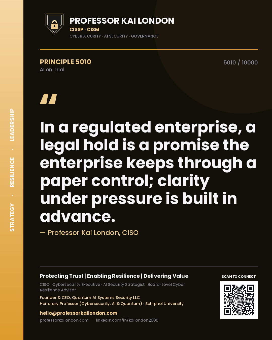 Professor Kai London principle 5010: In a regulated enterprise, a legal hold is a promise the enterprise keeps through a paper control; clarity under pressure is built in advance.