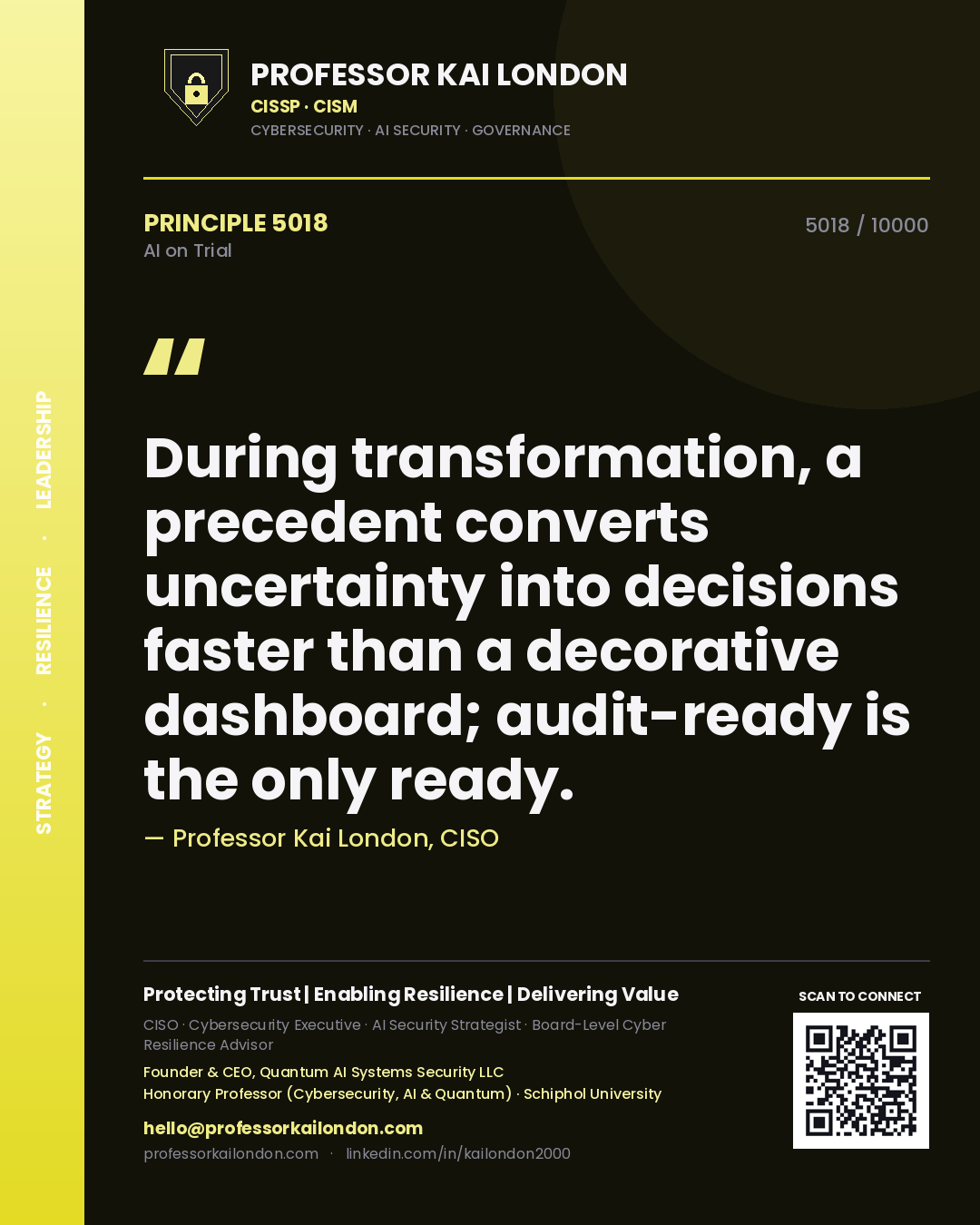 Professor Kai London principle 5018: During transformation, a precedent converts uncertainty into decisions faster than a decorative dashboard; audit-ready is the only ready.