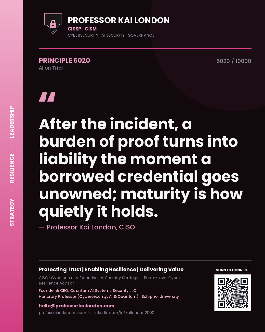 Professor Kai London principle 5020: After the incident, a burden of proof turns into liability the moment a borrowed credential goes unowned; maturity is how quietly it holds.
