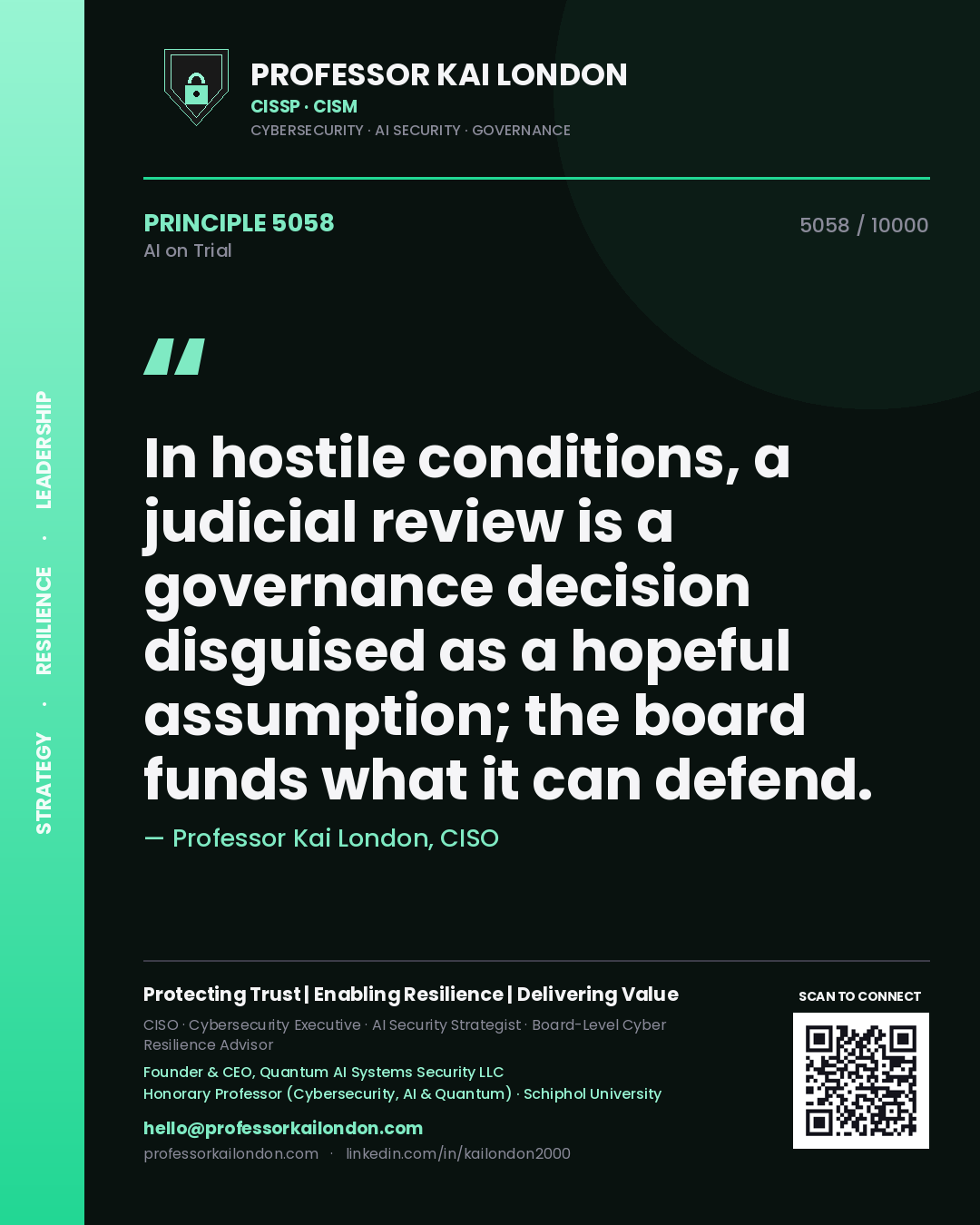 Professor Kai London principle 5058: In hostile conditions, a judicial review is a governance decision disguised as a hopeful assumption; the board funds what it can defend.