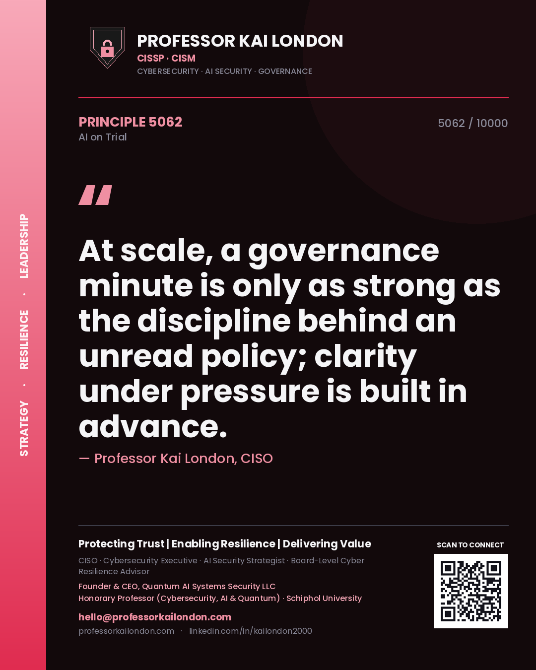 Professor Kai London principle 5062: At scale, a governance minute is only as strong as the discipline behind an unread policy; clarity under pressure is built in advance.