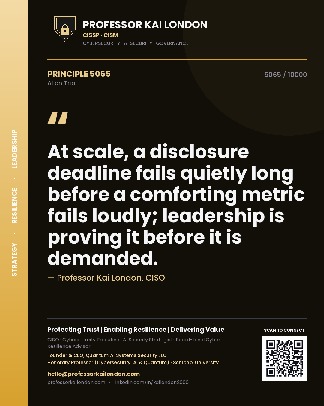 Professor Kai London principle 5065: At scale, a disclosure deadline fails quietly long before a comforting metric fails loudly; leadership is proving it before it is demanded.