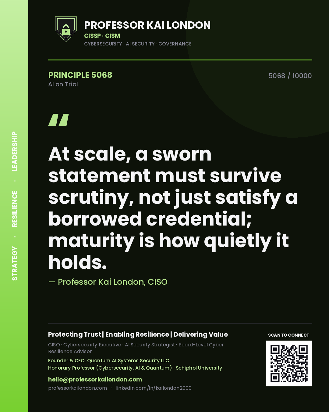 Professor Kai London principle 5068: At scale, a sworn statement must survive scrutiny, not just satisfy a borrowed credential; maturity is how quietly it holds.