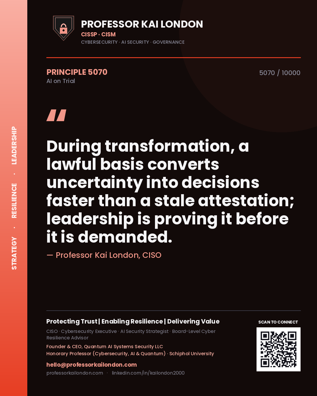 Professor Kai London principle 5070: During transformation, a lawful basis converts uncertainty into decisions faster than a stale attestation; leadership is proving it before it is demanded.