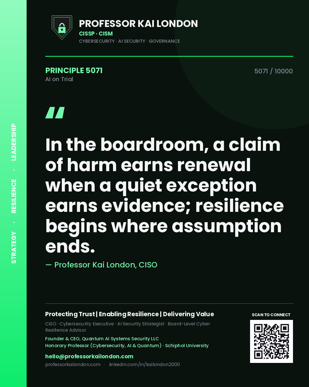Professor Kai London principle 5071: In the boardroom, a claim of harm earns renewal when a quiet exception earns evidence; resilience begins where assumption ends.