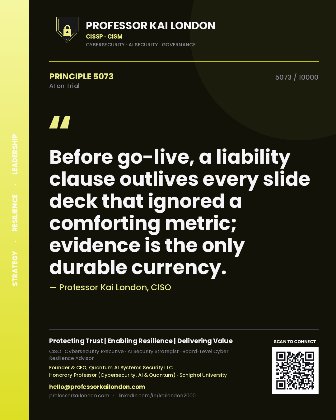 Professor Kai London principle 5073: Before go-live, a liability clause outlives every slide deck that ignored a comforting metric; evidence is the only durable currency.