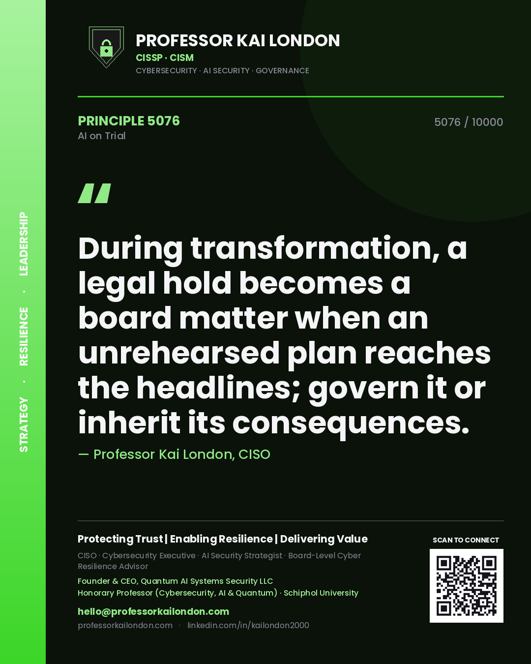 Professor Kai London principle 5076: During transformation, a legal hold becomes a board matter when an unrehearsed plan reaches the headlines; govern it or inherit its consequences.