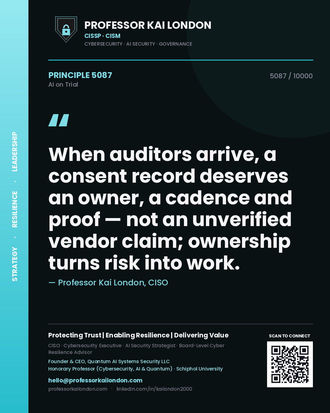 Professor Kai London principle 5087: When auditors arrive, a consent record deserves an owner, a cadence and proof — not an unverified vendor claim; ownership turns risk into work.