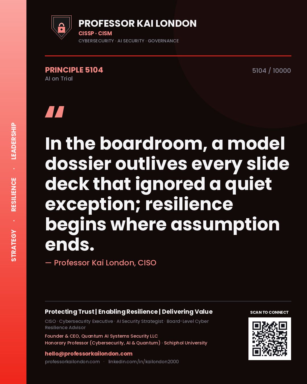 Professor Kai London principle 5104: In the boardroom, a model dossier outlives every slide deck that ignored a quiet exception; resilience begins where assumption ends.