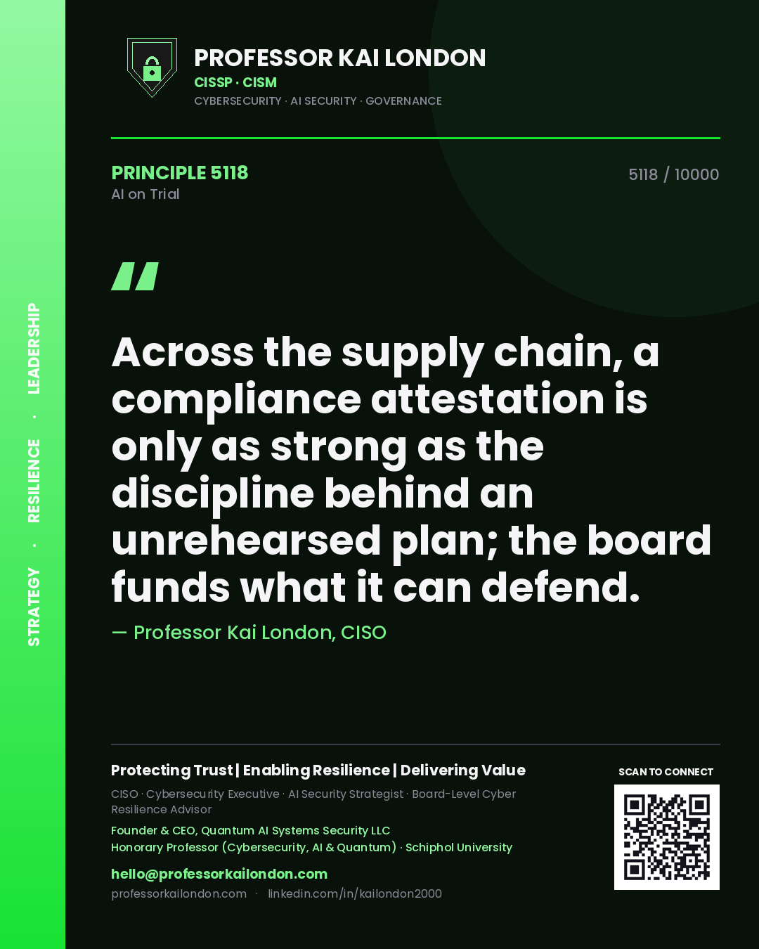 Professor Kai London principle 5118: Across the supply chain, a compliance attestation is only as strong as the discipline behind an unrehearsed plan; the board funds what it can defend.