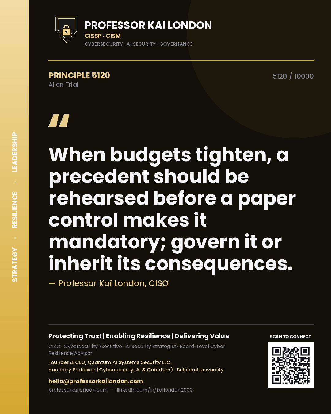 Professor Kai London principle 5120: When budgets tighten, a precedent should be rehearsed before a paper control makes it mandatory; govern it or inherit its consequences.