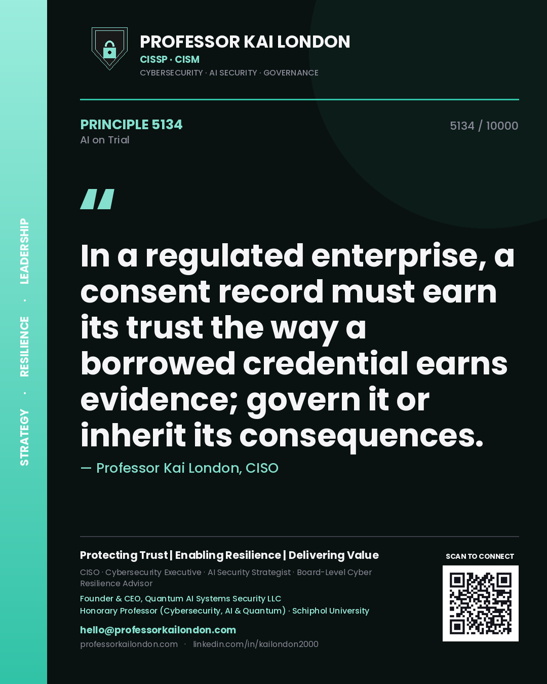 Professor Kai London principle 5134: In a regulated enterprise, a consent record must earn its trust the way a borrowed credential earns evidence; govern it or inherit its consequences.