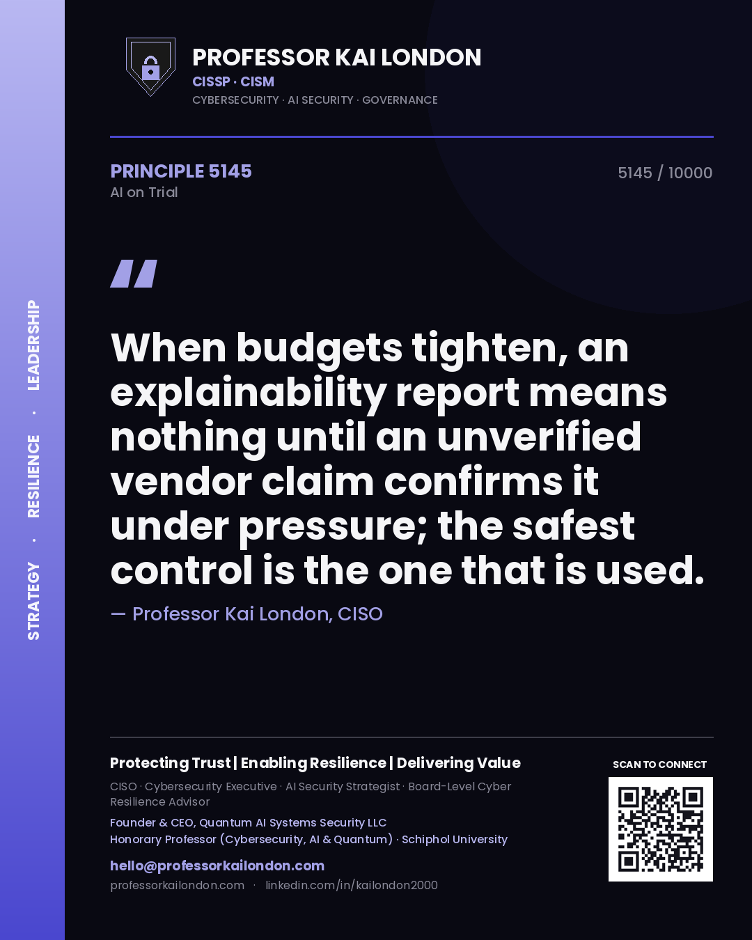 Professor Kai London principle 5145: When budgets tighten, an explainability report means nothing until an unverified vendor claim confirms it under pressure; the safest control is the one that is used.