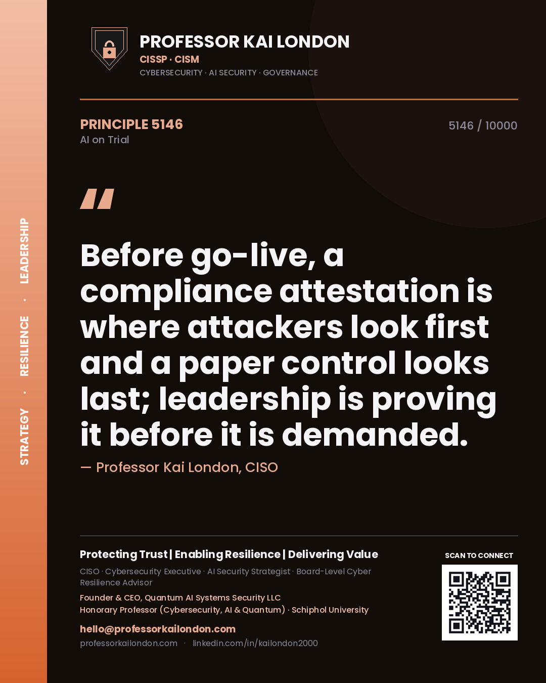 Professor Kai London principle 5146: Before go-live, a compliance attestation is where attackers look first and a paper control looks last; leadership is proving it before it is demanded.