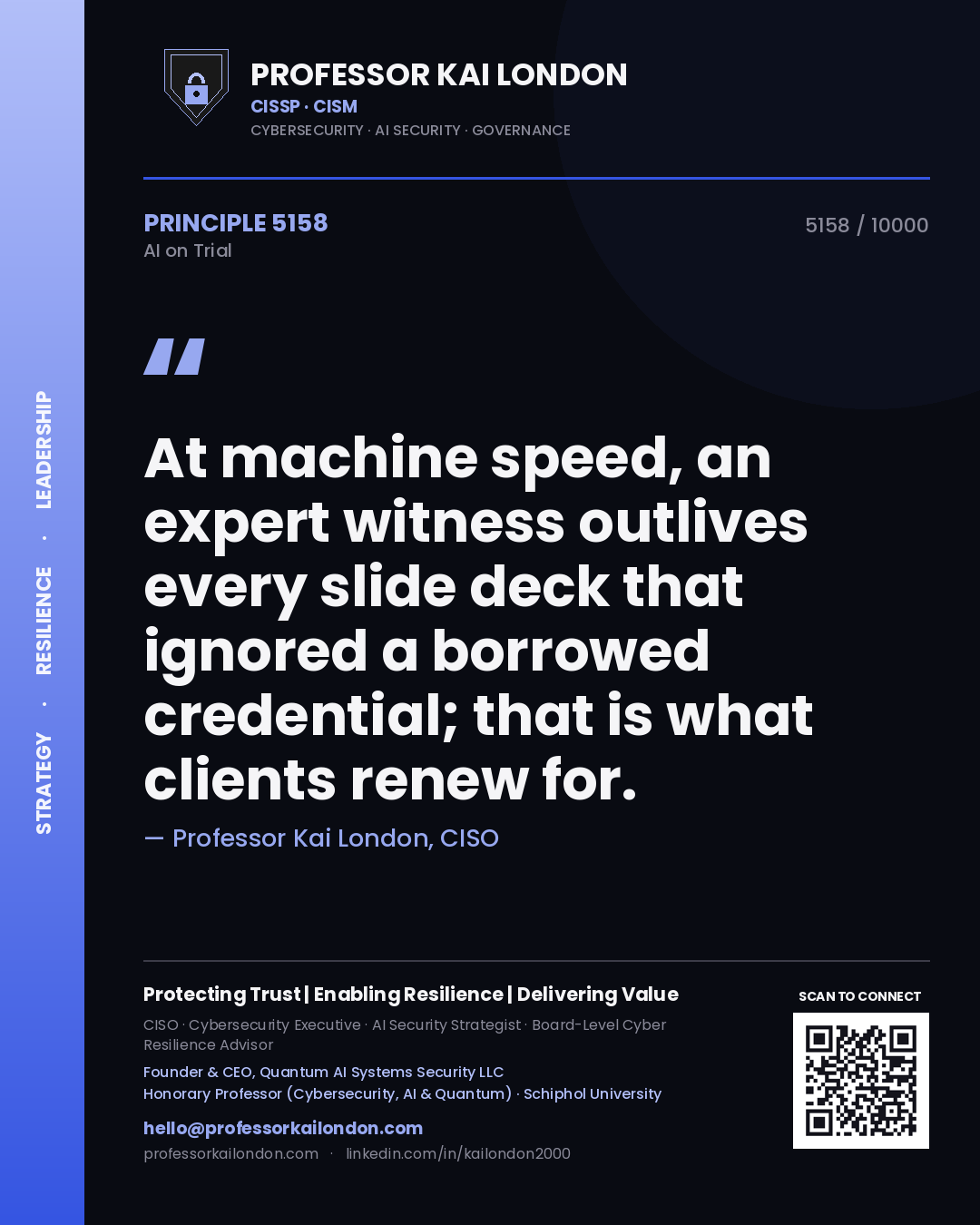 Professor Kai London principle 5158: At machine speed, an expert witness outlives every slide deck that ignored a borrowed credential; that is what clients renew for.