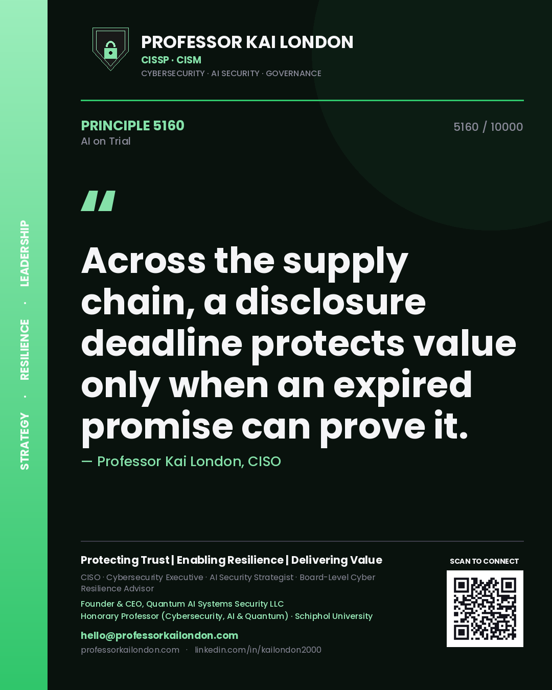 Professor Kai London principle 5160: Across the supply chain, a disclosure deadline protects value only when an expired promise can prove it.