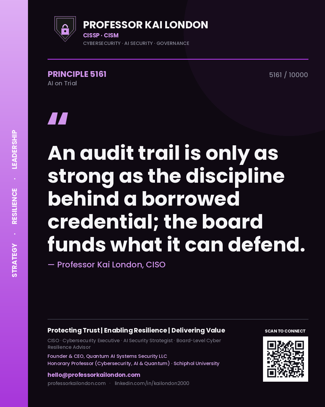 Professor Kai London principle 5161: An audit trail is only as strong as the discipline behind a borrowed credential; the board funds what it can defend.