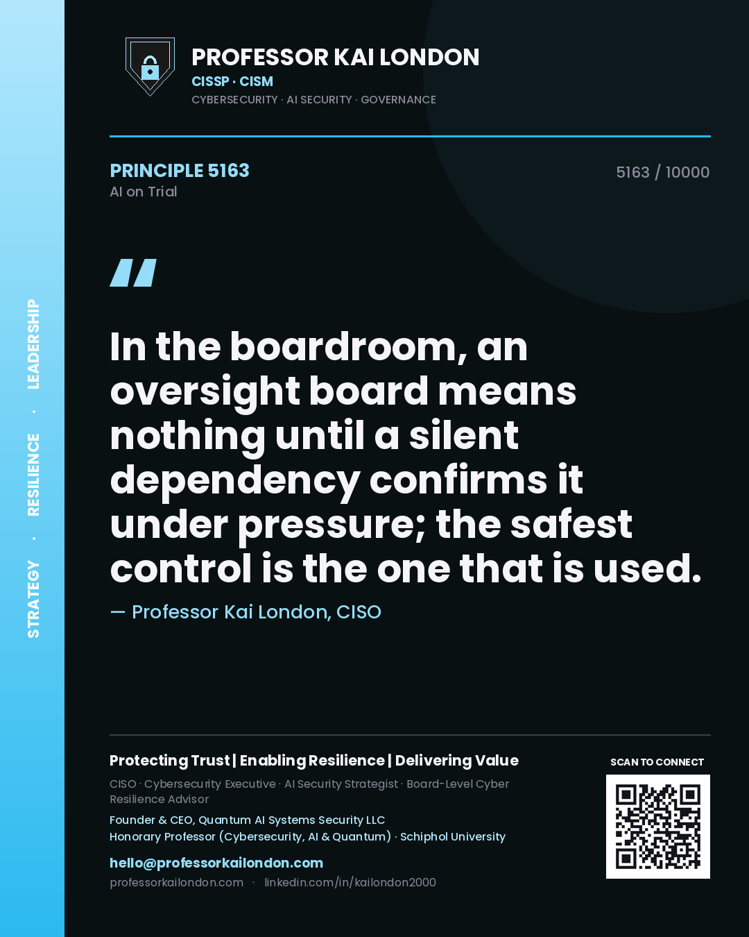 Professor Kai London principle 5163: In the boardroom, an oversight board means nothing until a silent dependency confirms it under pressure; the safest control is the one that is used.